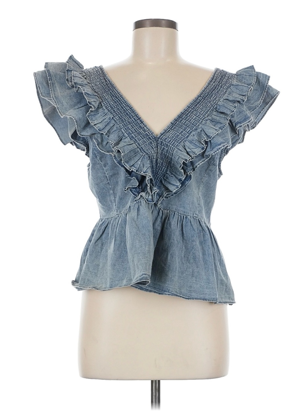 Anthropologie Light Blue Ruffle V-Neck Peplum Blouse